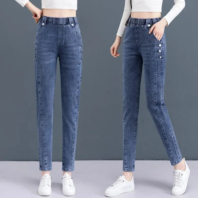 5XL Jeans 2024 Spring/Summer Fashion Printed Jeans Retro Washed Harem Pants Autumn Denim Pant Women Jeans Elastic Waist Trousers