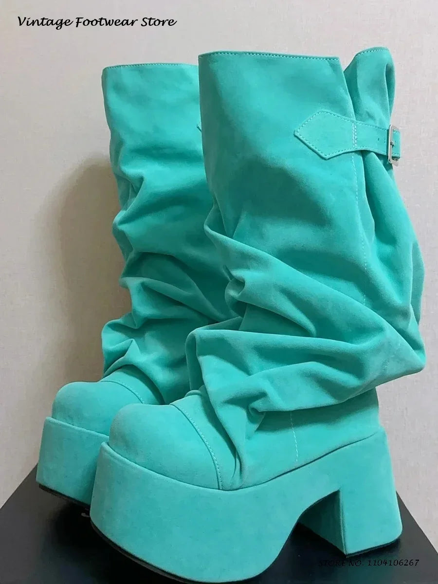 Patchwork Pleated Suede Knee-High Platform Boots
