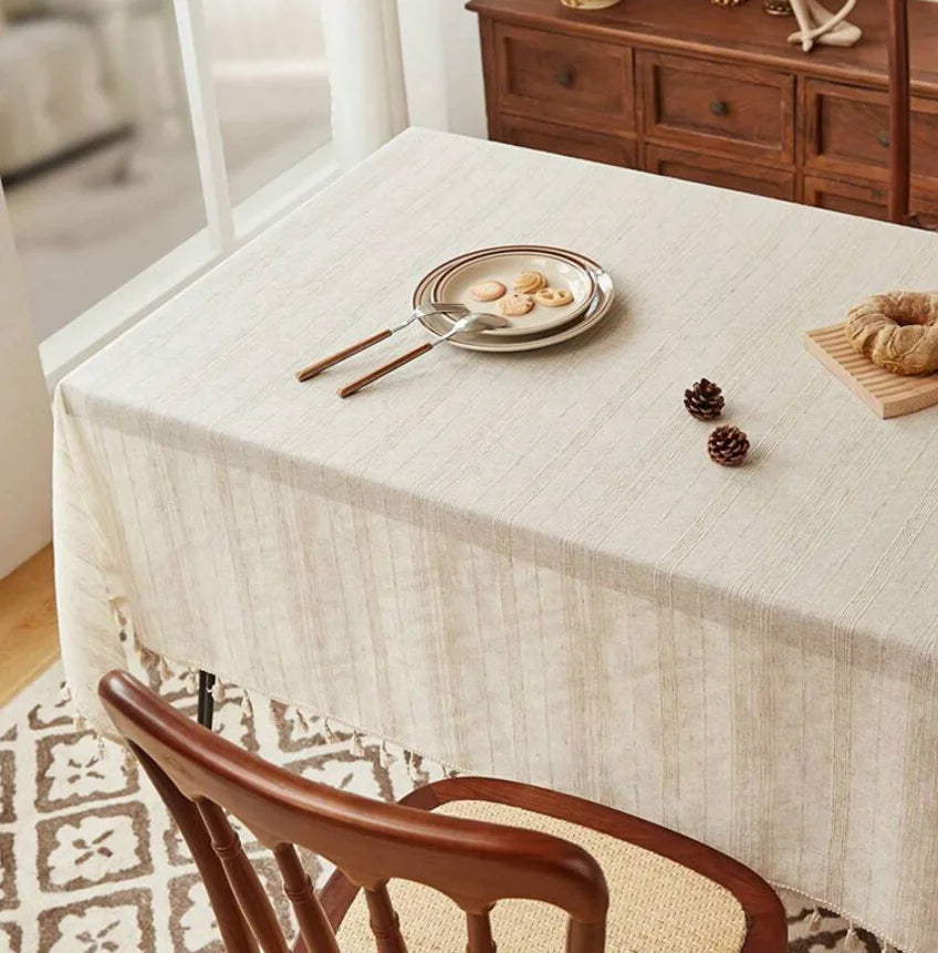 STRIPED LINEN TABLECLOTH WITH TASSELS - Thick Jacquard Weave, 12 Sizes - Laid-Back Tables, Real Texture