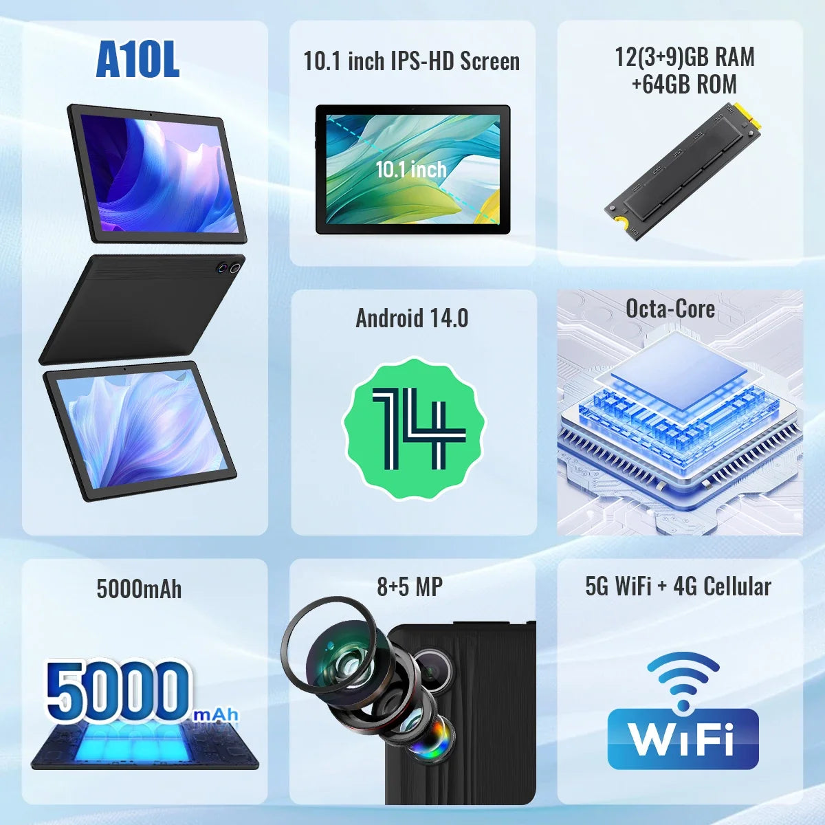 Android14 Tablet 10 Inch 12GB RAM 64GB ROM Expandable 1TB WIFI6 WidevineL1 GMS 5000mAh Stylus Keyboard Mouse Headphones Case Set
