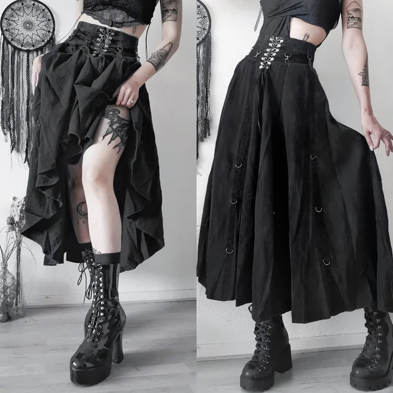 Goth Punk Lace-Up Long Skirt - Black Irregular A-Line with Rings