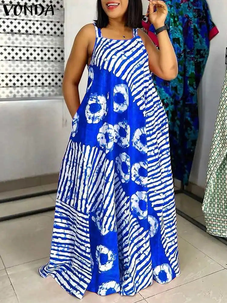 VONDA Plus Size 5XL Summer Bohemian Printed Maxi Dresses Sleeveless Party Beach Sundress Tank Long Vestido Casual Holiday Robe