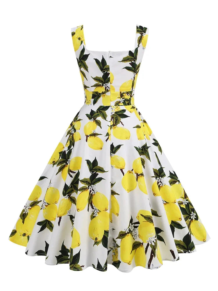 2025 New Hepburn Vintage Lemon Print 50s Pinup Women Cotton Dresses Square Neck Summer Sleeveless High Waist Elegant Party Dress