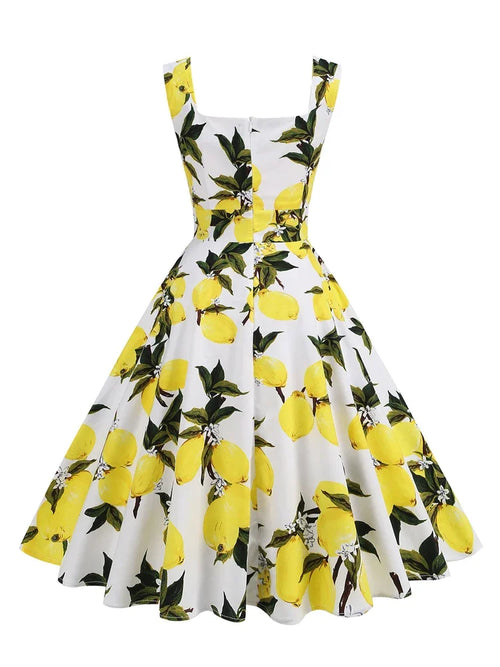 2025 New Hepburn Vintage Lemon Print 50s Pinup Women Cotton Dresses Square Neck Summer Sleeveless High Waist Elegant Party Dress