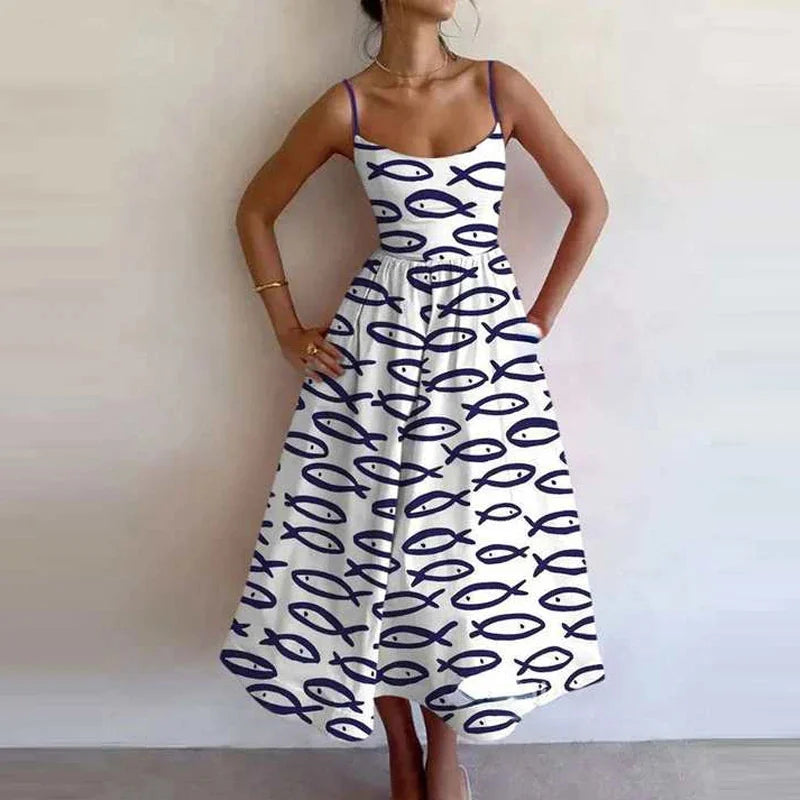 Retro Luxury Sardines Dress For Women Sexy Hand-Painted Printed Elegant Vest Summer 2025 Ladies Tight Chic Strap Long Dress