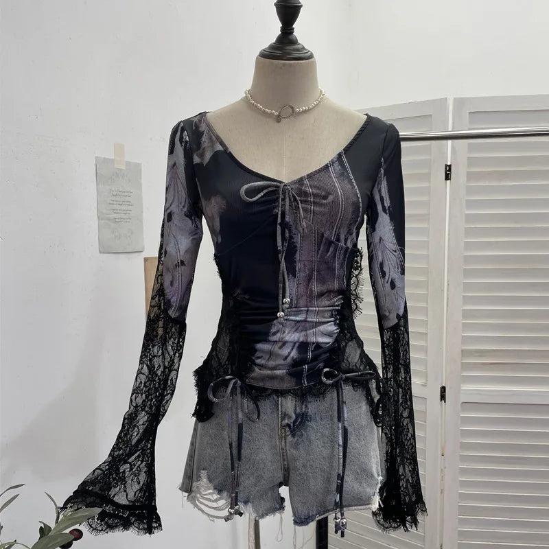 ISAROSE Vintage Stretch Tees for Women V Neck Side See-through Lace Patchwork Flare Sleeves Slim Ruched T-shirt Short Tops