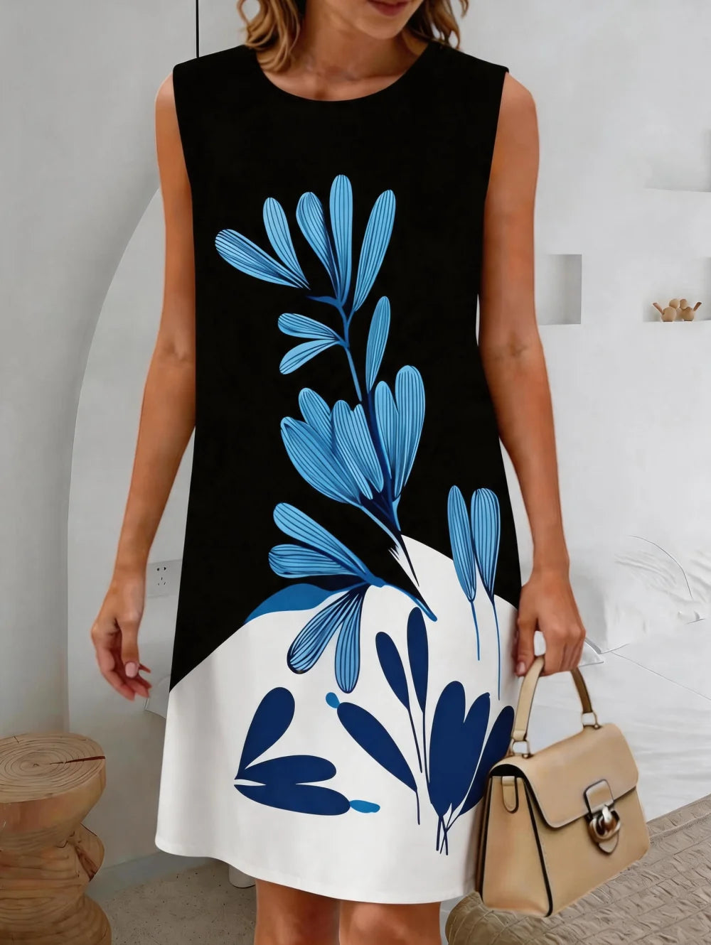 Summer New Women's Casual Fresh Simple Flower Leaves Graphics Sleeveless Dress Knee-Length Dresses Holiday Loose Woman Clothing