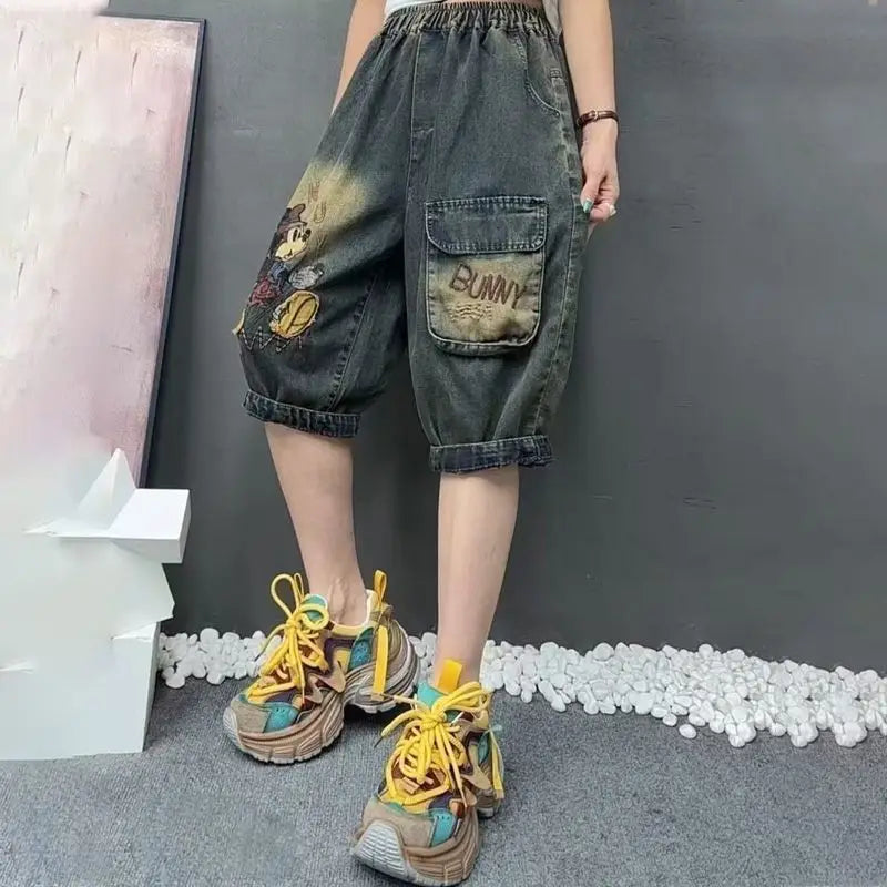 Letter Pocket Embroidered Denim Culottes Women's Summer Loose Large Size Straight Leg Drawstring Five Minute Mid Length Pants