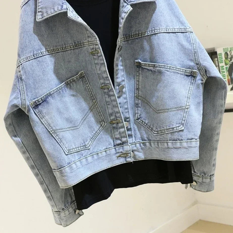 Crop Denim Jacket – Batwing Sleeve Loose Fit