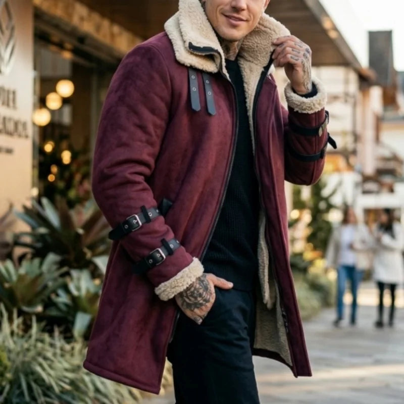 DOUBLE COLLAR FLEECE JACKET - Men's Mid-Length Windproof Winter Coat Zipper Pockets Outdoor Street Style - Black / Gray / Army Green / Khaki