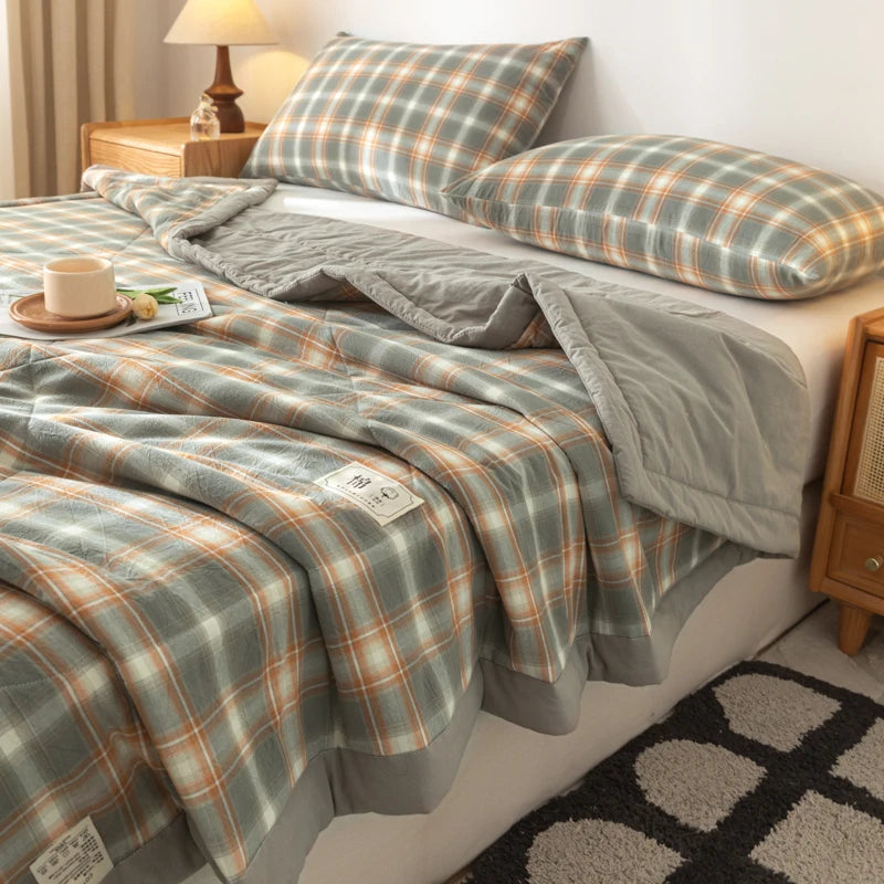WASHED COTTON SUMMER COMFORTER - Pure Cotton Fill, Quilted Plaid - Cool Nights