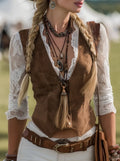 Retro Western Style Women Blouse Suede Vest Splicing Lace Long Sleeve Vintage Casual Single-breasted Gothic Tops Chic Shirt