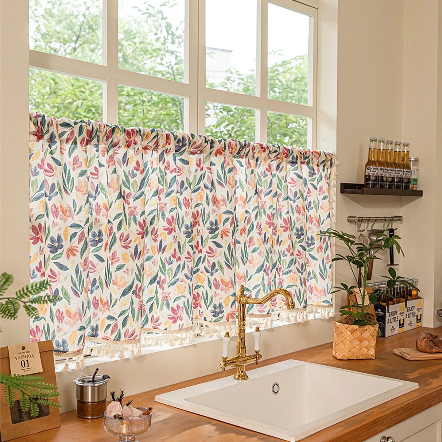 1pc Floral Print Short Curtain, Cotton Linen Semi-Sheer Coffee Curtains, Half Light Blocking Kitchen Decorative Curtains