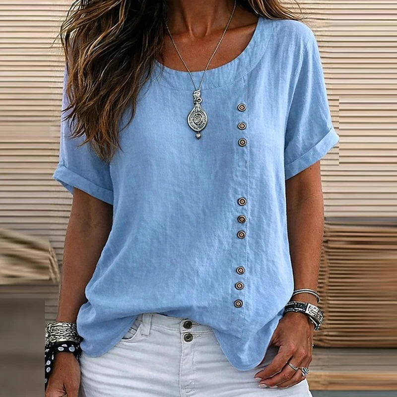 Vintage Short Sleeve Women T-Shirts O Neck Button Design Loose Tee Female Casual Harajuku Tops Summer Solid Color Oversize Tee