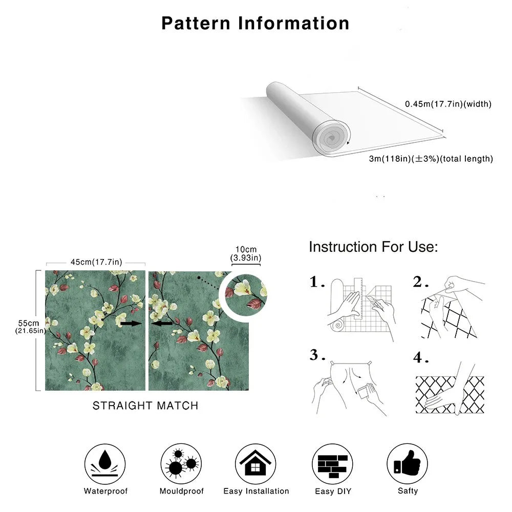 BOTANICAL FLORAL PEEL & STICK WALLPAPER - PVC Self-Adhesive, 5 Patterns - Quiet Rooms