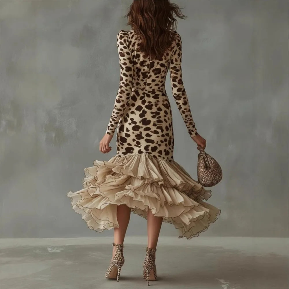 2026 Sexy Deep V Neck Leopard Print Slim Fit Long Sleeve Women's Dresses Autumn Fashion Mesh Splicing Hem Female Party Dress
