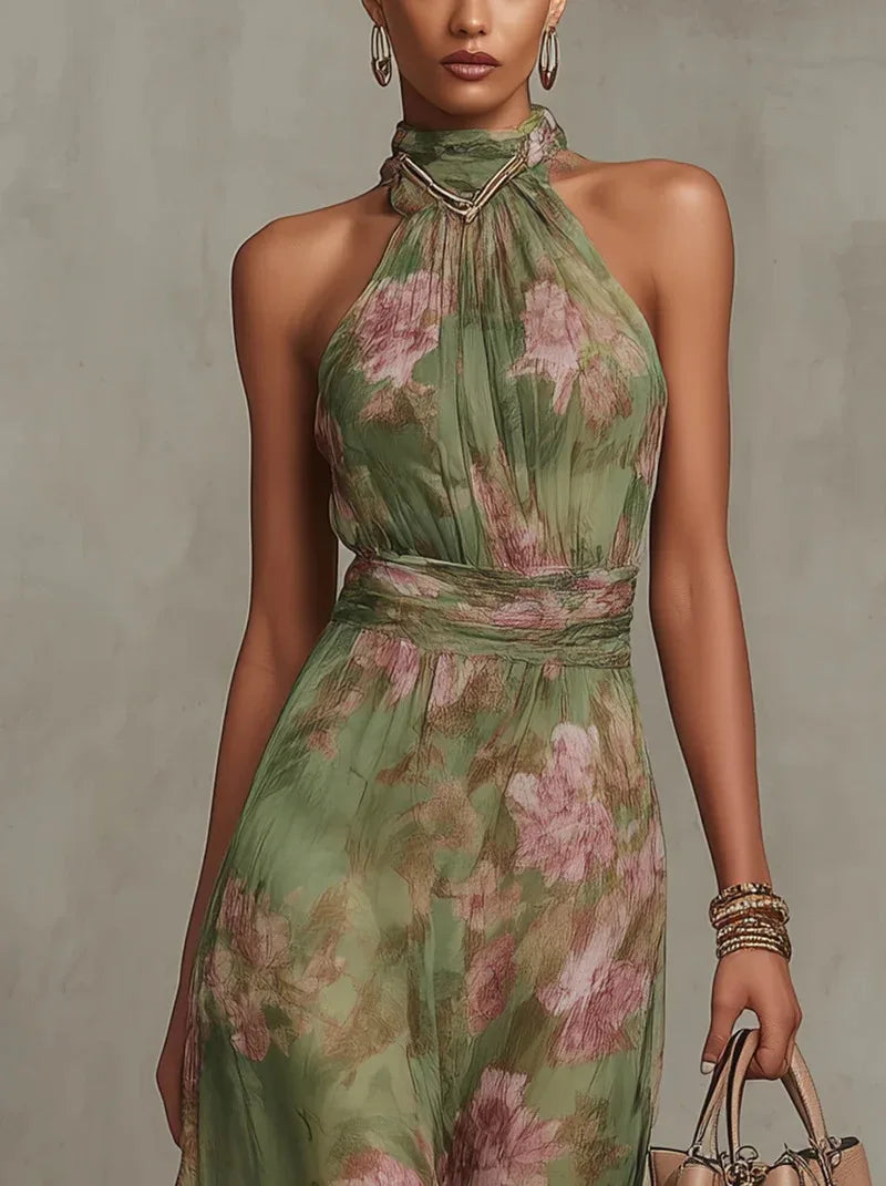 Women's Green Floral Print Halter Maxi Dress Sleeveless High Neck Ruched Waist Chiffon Flowy Evening Party Dress