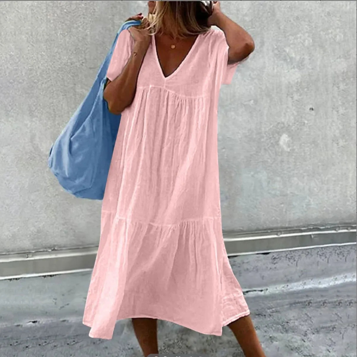 2025 New Women's Long Skirt Cotton Linen Short Sleeve O-neck Loose Solid Color Fashion Simple Vacation Pink Dress