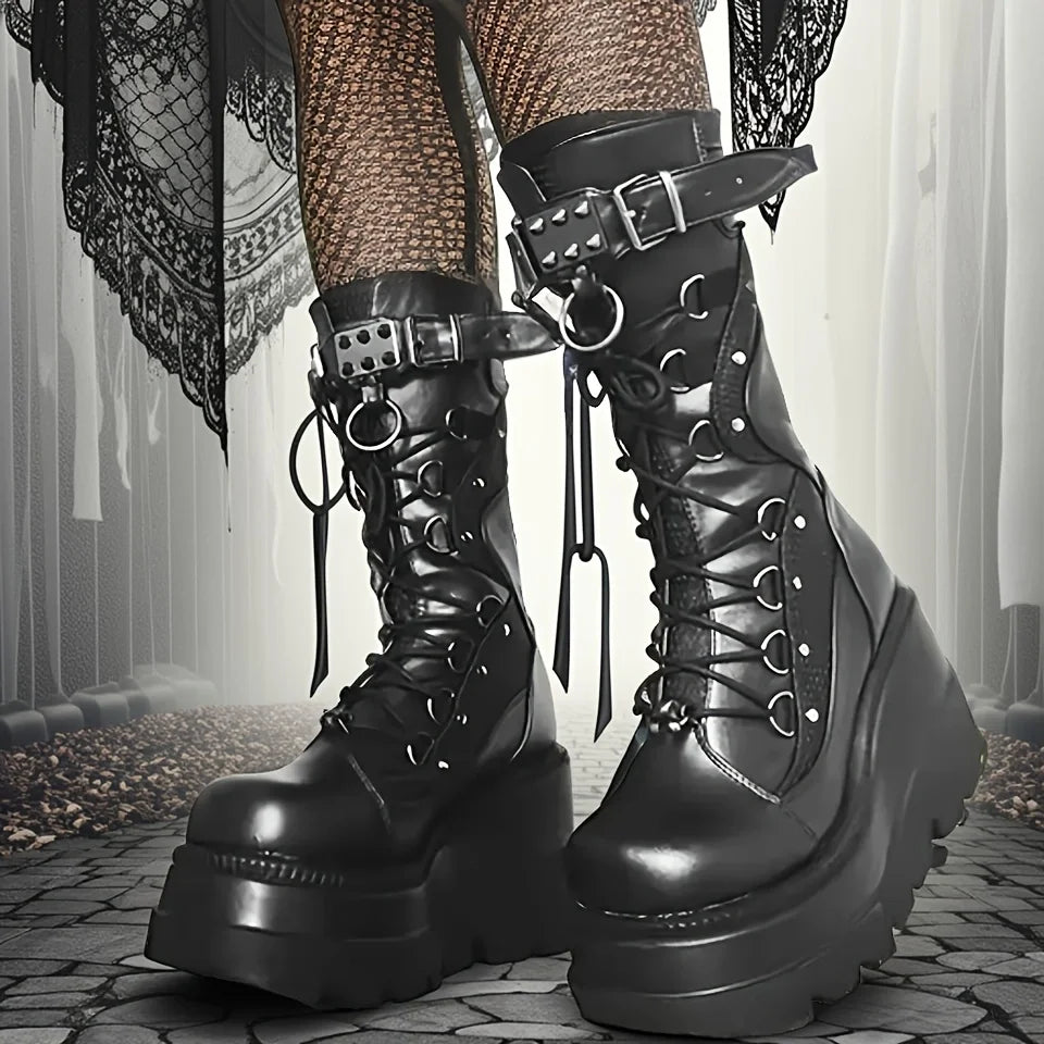 Rivet Buckle Punk Wedge Mid-Calf Boots – Goth Platform