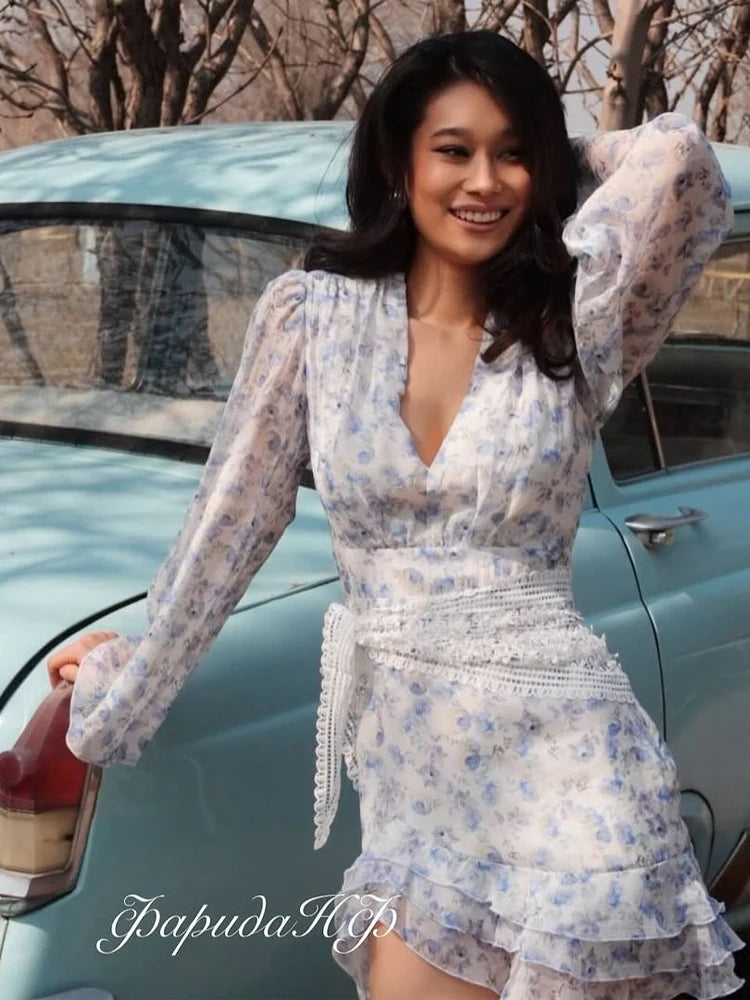 Fashion Printed Short Puff Sleeve Women's Summer Dress Y2k Sexy V-neck Layered Ruffle Hem Corset Skirt Vestidos 2026 Outfit New