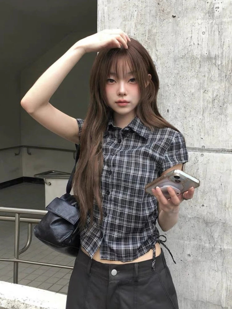 Vintage Classic Plaid Short Sleeve Collared Button Shirt Women Y2k Fashion Cinch Waist Tops Streetwear Casual Retro T-Shirts New