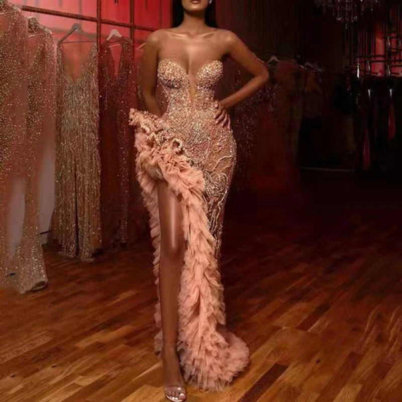 Off Shoulder High Waist Mesh Party Dress Elegant Sequined Women's Long Dress Sexy Strapless Slim Fit Irregular Dress Vestidos
