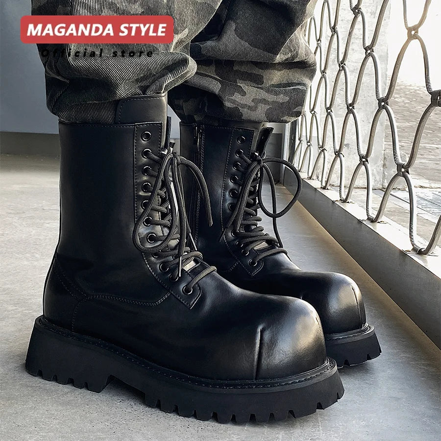 Men's Microfiber Motorcycle Ankle Boots - Color-Block Thick Sole Height Increasing Street Style