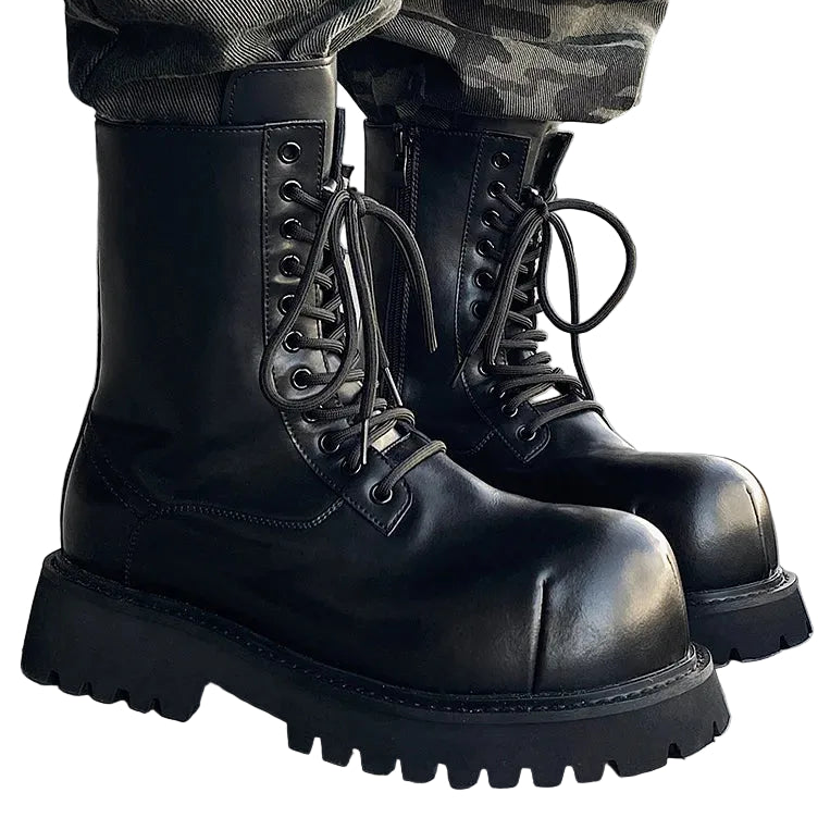 Men's Height Increasing Leather Boots - +5cm Lace-Up Retro Motorcycle Street Style