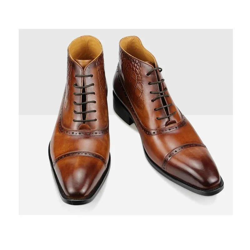 BRITISH PRINT - Men's Genuine Leather High Ankle Boots - Pointed Toe Retro Business