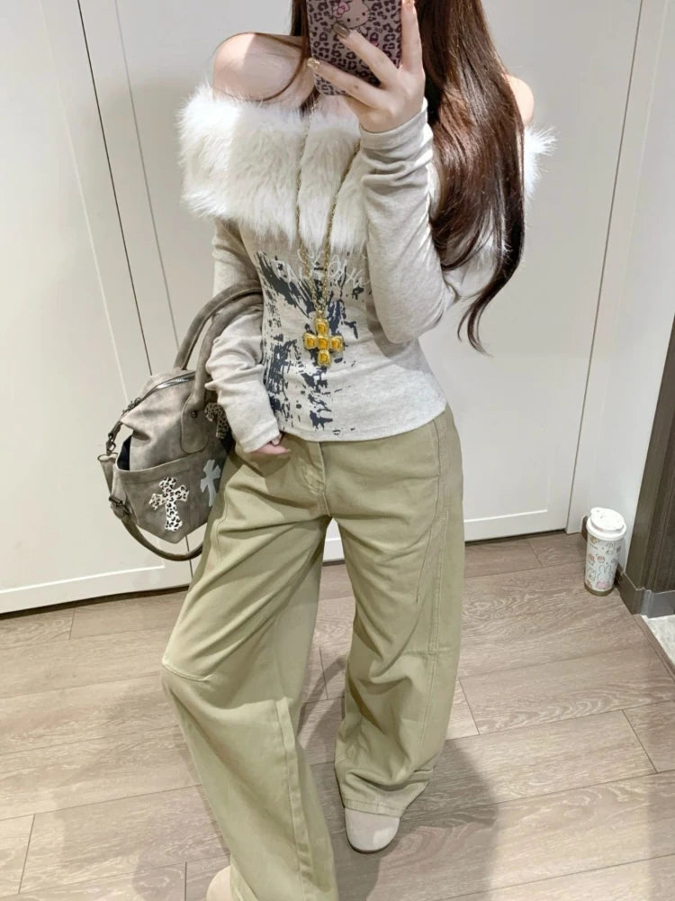Subculture New Off Shoulder Slim T-Shirts Women Aesthetic Hot Girl Print Fur Collar Tees Female Design Y2k Gothic Base Shirt