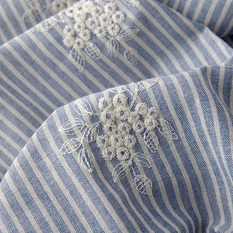 Ins Style Light Blue Striped Embroidered Polyester Cotton Fabric for Dress Shirt Kids Clothing DIY By The Yard
