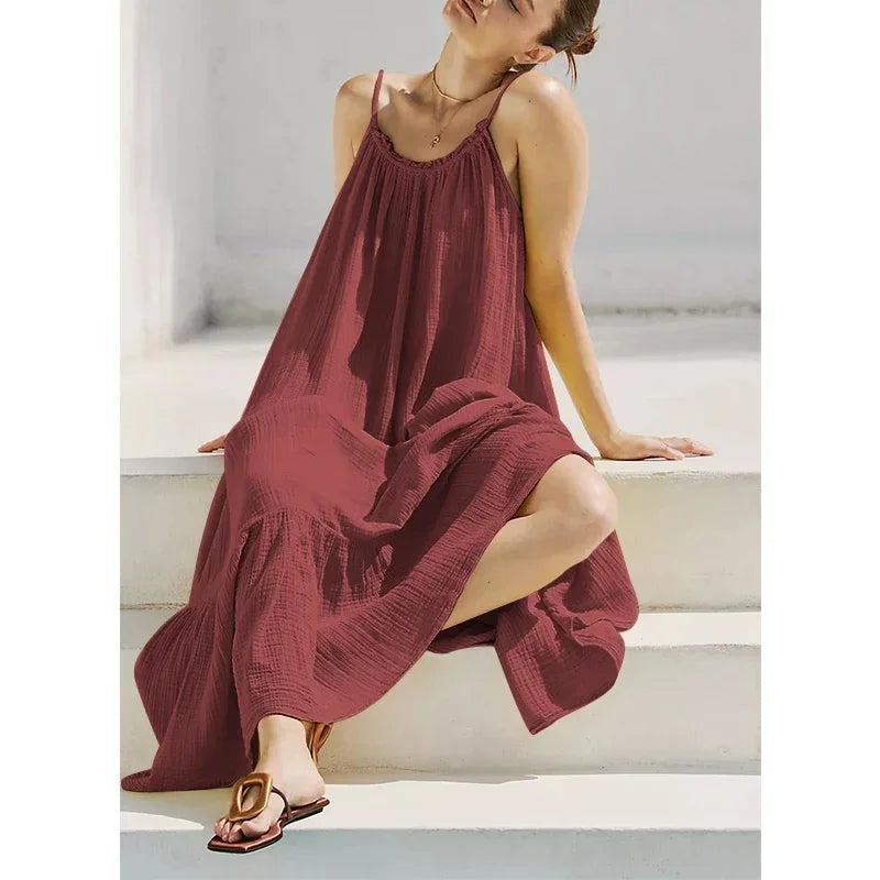 Vacation Spaghetti Strap Backless Maxi Dress for Women, Ruffle Hem Loose Crinkled Cotton Summer Beach Cami Sundress