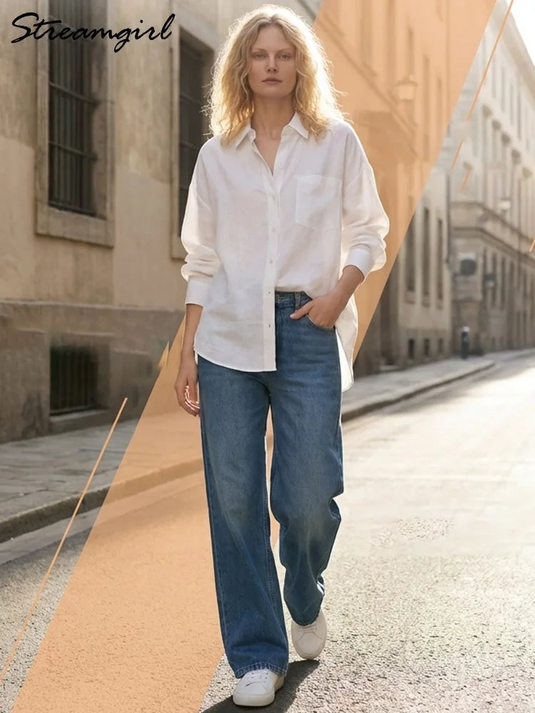 Streamgirl Summer White Linen Shirts For Women Oversized Long Sleeve Tops Lady Loose Basic Linen Tops Women Blue Shirts Oversize