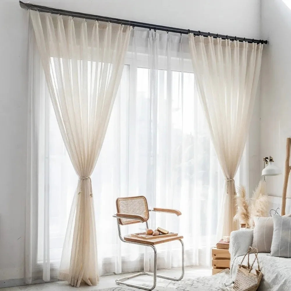 BEIGE LINEN-LOOK SHEER CURTAINS - Voile Tulle, Custom Width - Soft Light