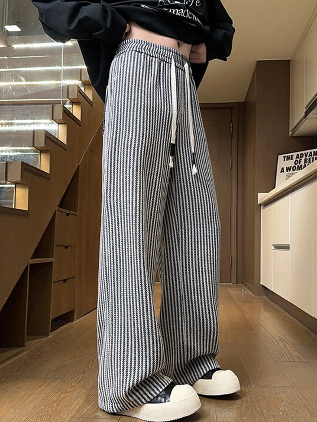 Men's Striped Casual Pants - Drawstring Elastic Waist - Wide Leg Comfort