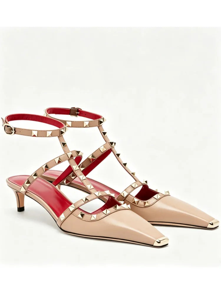 Studded High Heel Sandals – T-Strap Pointed Toe Stiletto Party Heels