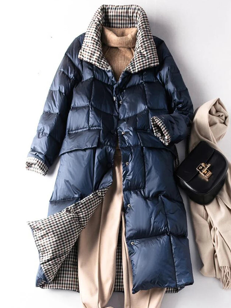 Plaid Double-Sided Down Coat – 85% Duck Down Long