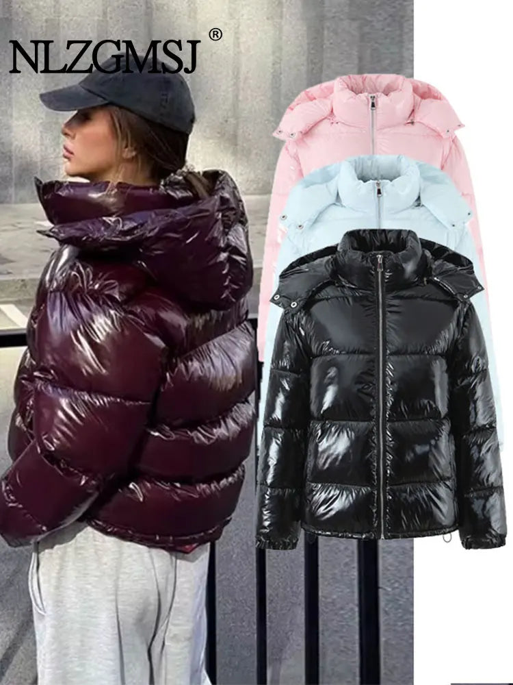 Glossy Hooded Parka – Y2K Stand Collar Zip Long Sleeve