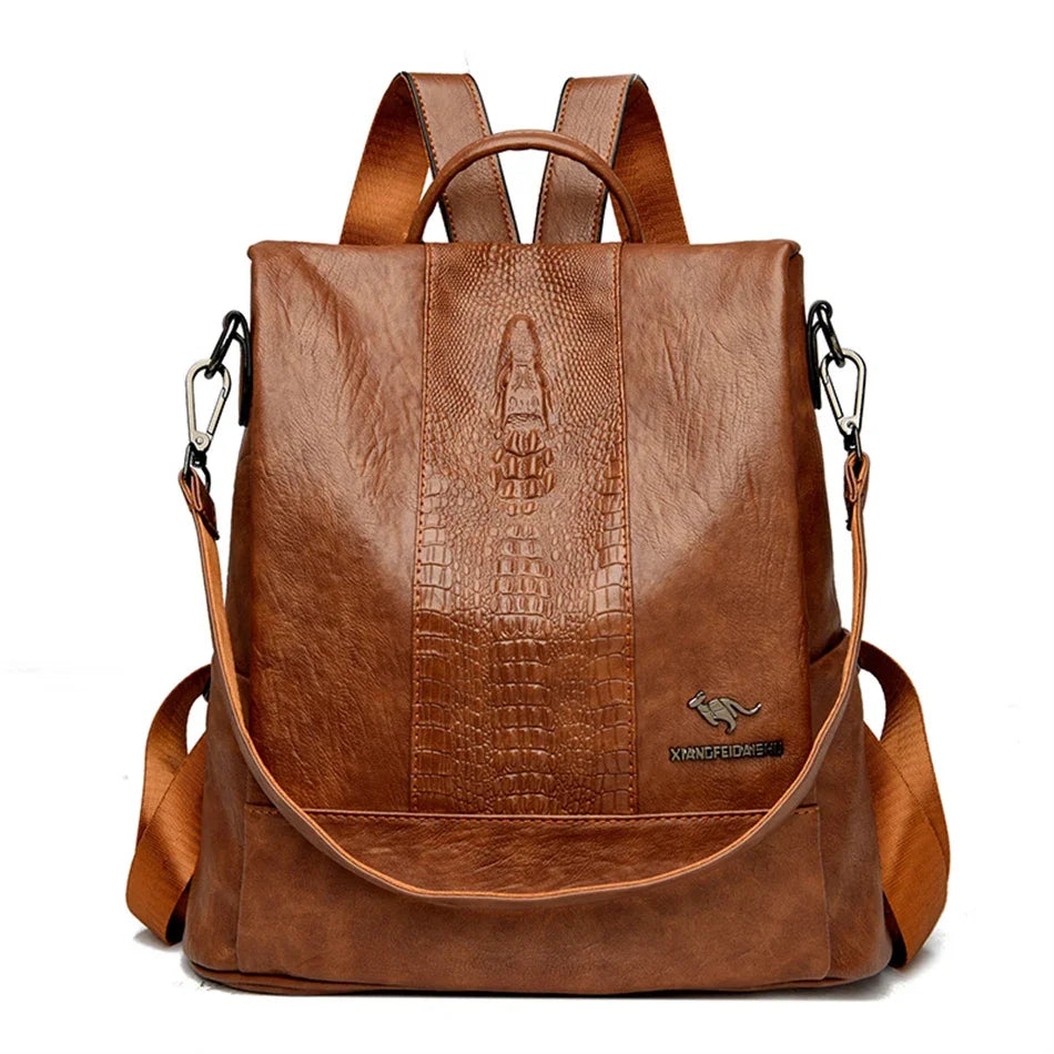 Crocodile Embossed Leather Backpack
