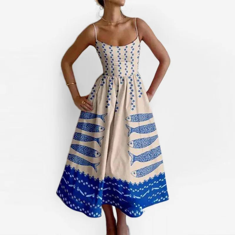 Retro Luxury Sardines Dress For Women Sexy Hand-Painted Printed Elegant Vest Summer 2025 Ladies Tight Chic Strap Long Dress
