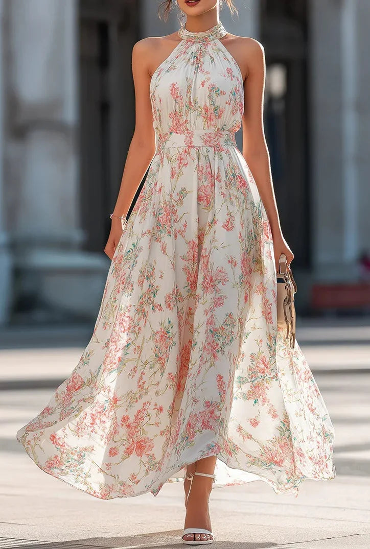 2026 Summer Women's New Style Halter Neck Floral Dress Women's French Style Waist Swing Dress