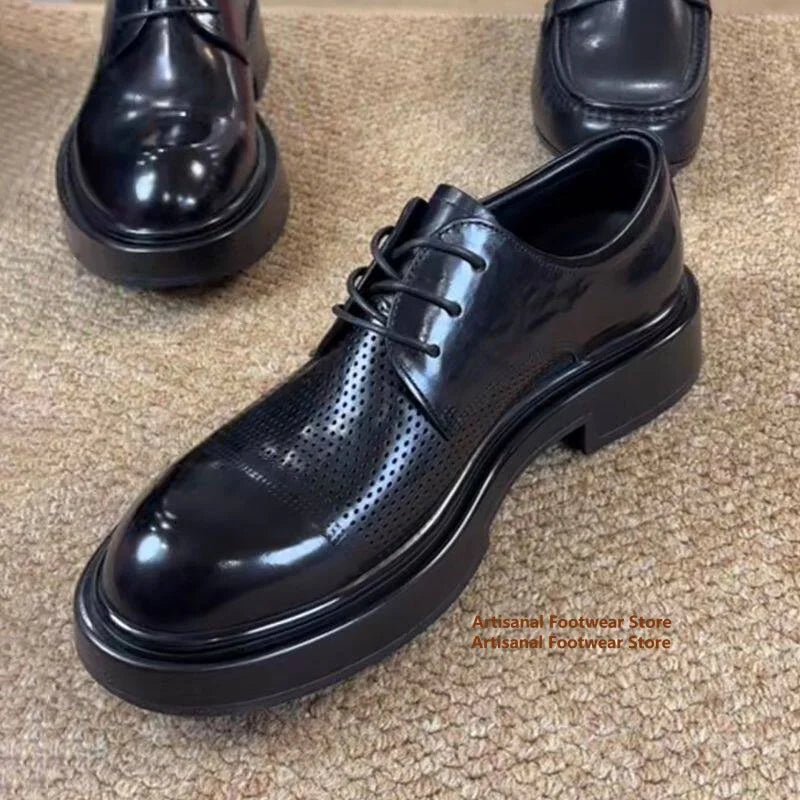 AIR ROUND - Men's Hollow-Out Thick-Sole Derby Shoes - Breathable Round Toe Business Casual Leather Shoes
