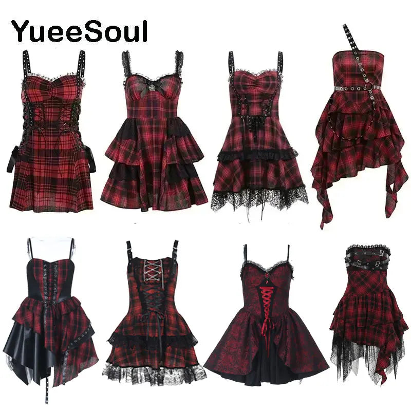 Grunge Gothic Women Dress Lace Trim High Waist Bodycon Mini Dress 2026 New E-girl Vintage Punk Harajuku Lolita Party Clothes