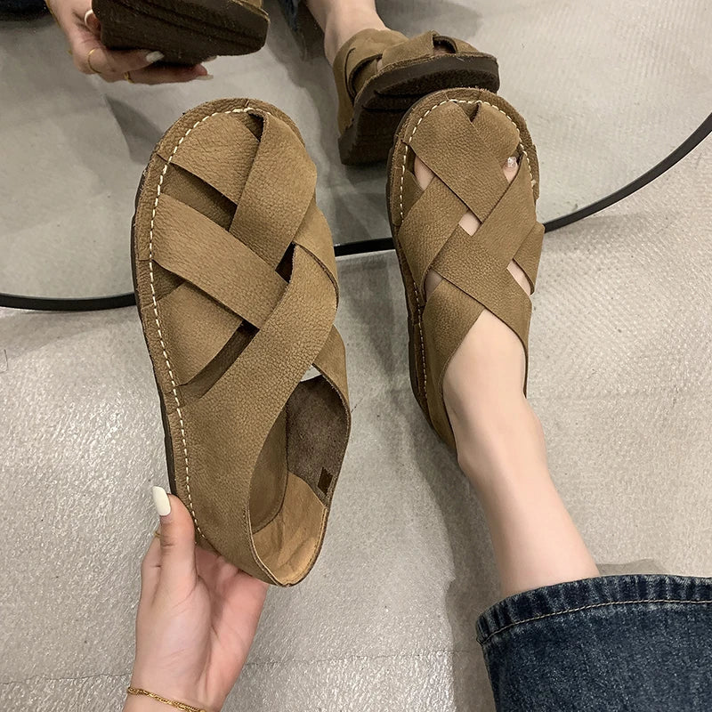 2024 Leather Women's Sandals Top Layer Cowhide Handmade Woven Women's Casual Flats Retro Mori Girl Shoes