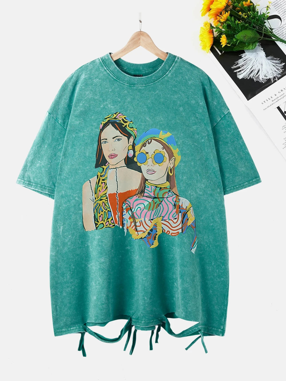 City Girls Art Print Washed T-Shirt - Oversize Acid Black