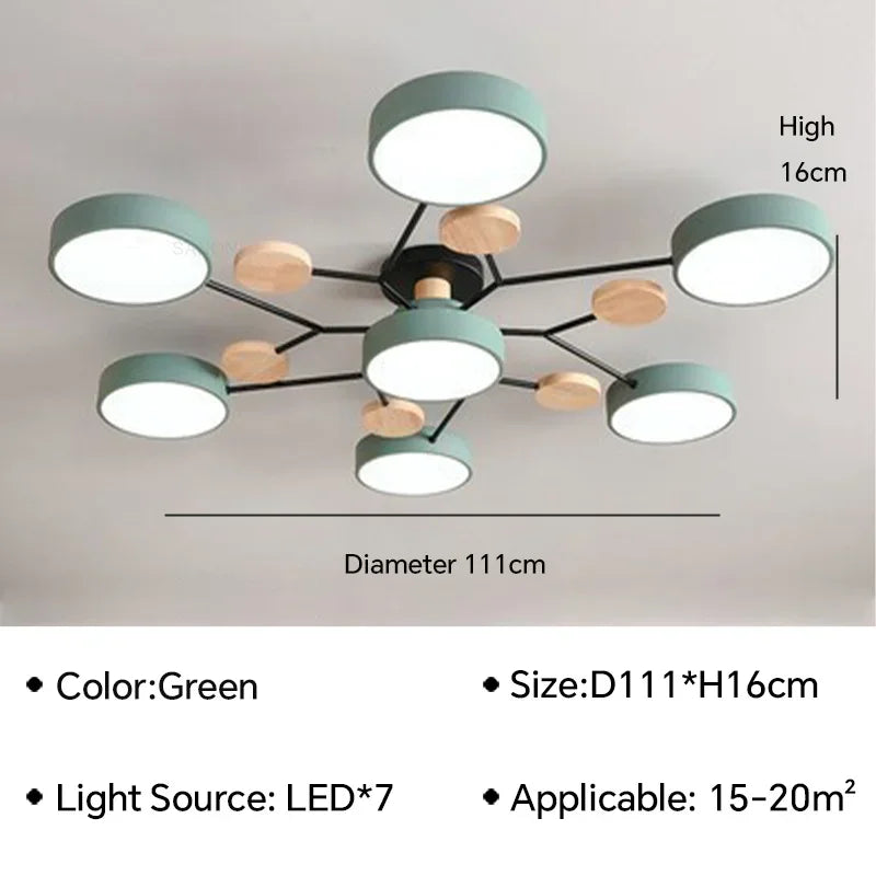 Macaron Wood Ceiling Light – 6 Colors, 1–7 Heads