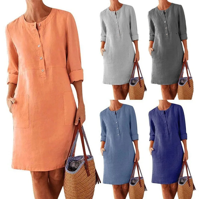 Cotton Linen Tunic Dress – Round Neck Half Sleeve Button Knee-Length Casual