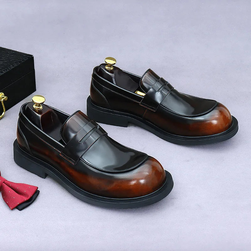 Men's Genuine Leather Slip-On Shoes - Bright Lacquered Round Toe British Style