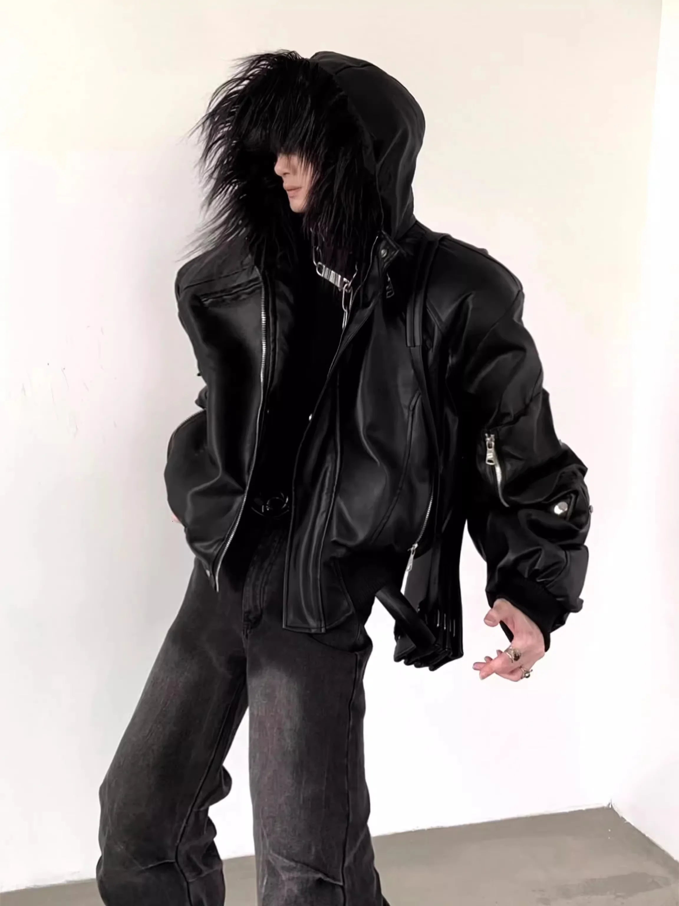 FUR HOOD PU - Men's Short Oversized PU Leather Jacket with Faux Fur Hood - Black, XS–XL