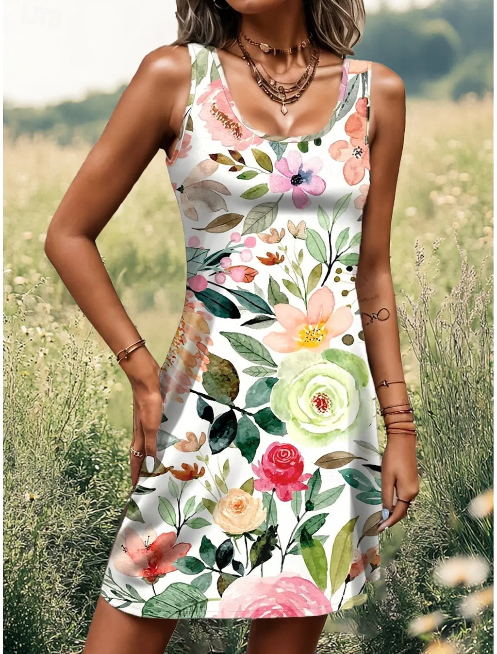 Women's Sleeveless Crew Neck Tank Mini Dress, Cute Floral Print, Loose Casual Summer Vacation Daily Dress